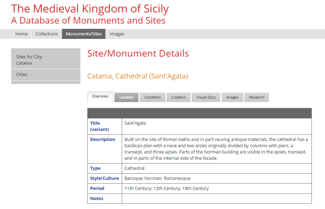 Fig. 3 – Example of a Work Entry (Catania, Cathedral). Overview field.