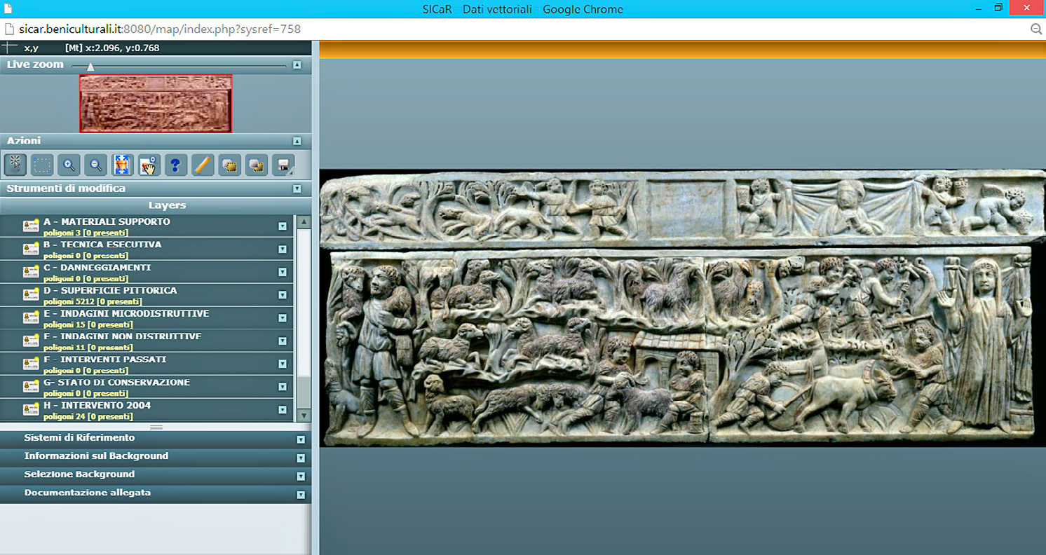 Fig. 1 – Screenshot di SICaR in modalità “mappa”: al centro è il piano di lavoro grafico con l’ortofoto del sarcofago caso-studio su cui eseguire le mappature; nella barra a sinistra le categorie create in base ai dati raccolti.