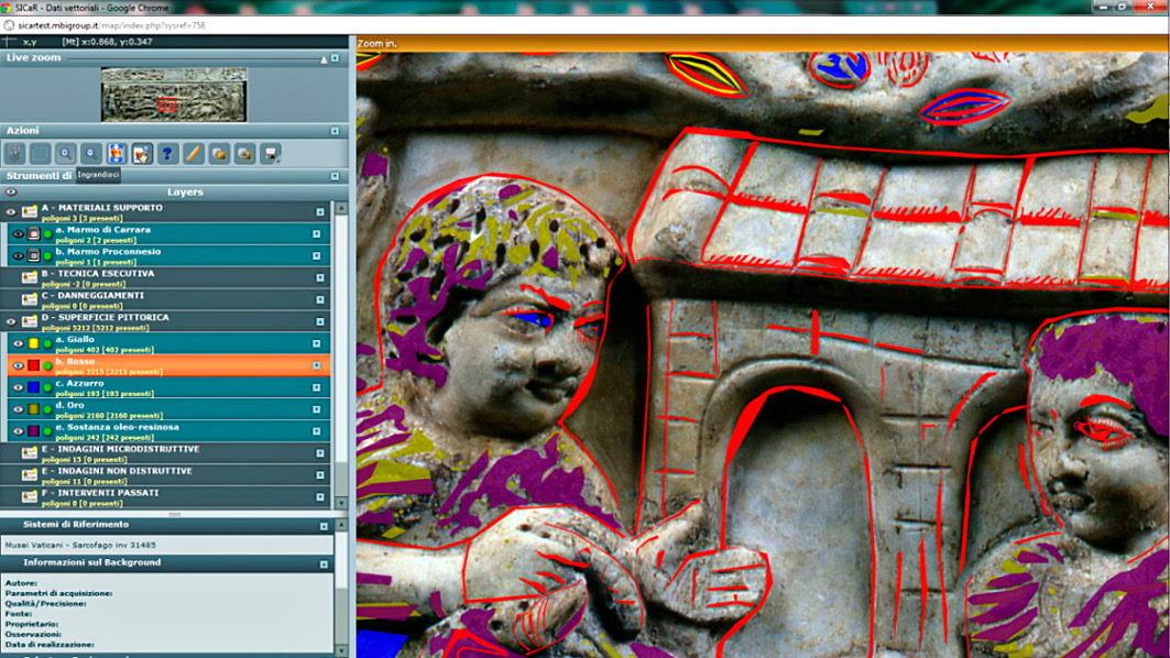 Fig. 3 – Screenshot di SICaR in modalità “mappa”: dettagli della cromia e sovrapposizione dei layer corrispondenti ai differenti colori, alla doratura e alla sostanza oleo-resinosa presenti sul rilievo del sarcofago.