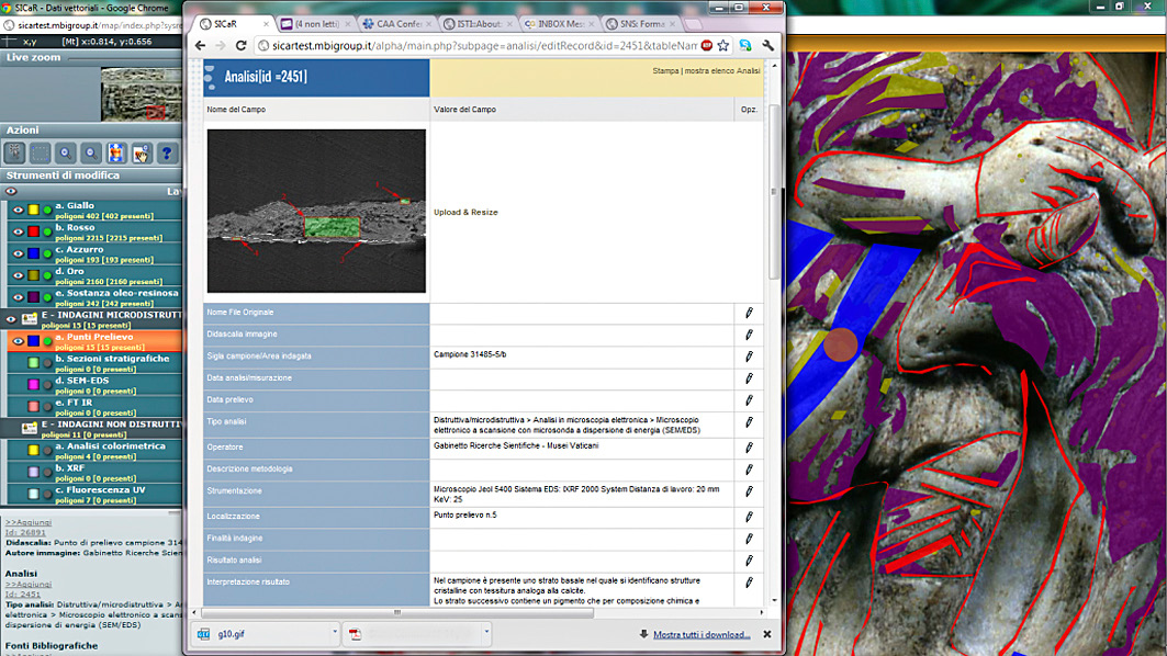 Fig. 4 – Screenshot di SICaR: al punto di prelievo selezionato (pallino rosso) nella categoria “Analisi Microdistruttive” è associata la scheda analisi (SEM-EDS) che si apre in un’altra finestra.