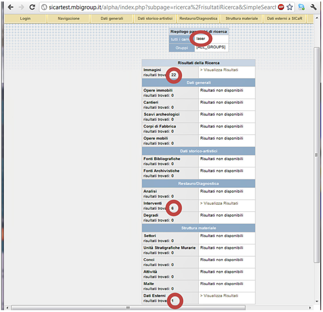 Fig. 7 – Screenshot di SICaR: visualizzazione dei risultati ottenuti in modalità “ricerca”.