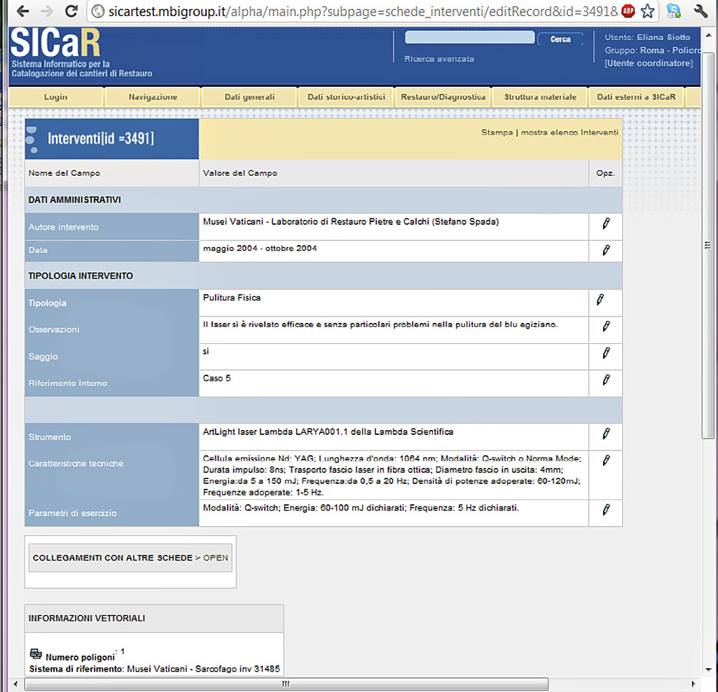 Fig. 8 – Screenshot di SICaR: visualizzazione di uno dei risultati della ricerca, la scheda id 3491 “pulitura fisica”.