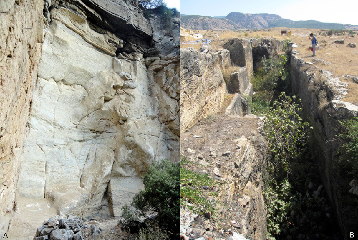 Fig. 2 – Fronte di una cava di marmo posta lungo il torrente stagionale Gök Dere (A) ed esempio di trincea per l’estrazione selettiva dell’alabastro situata a N-O di Hierapolis (B).