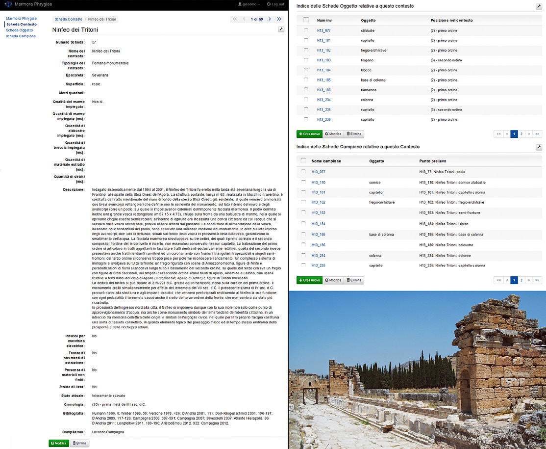 Fig. 5 – Un esempio di Scheda Contesto, visualizzata attraverso Manydesigns Portofino; a destra, gli elenchi delle Schede Oggetto e delle Schede Campione collegate e un’immagine del monumento.