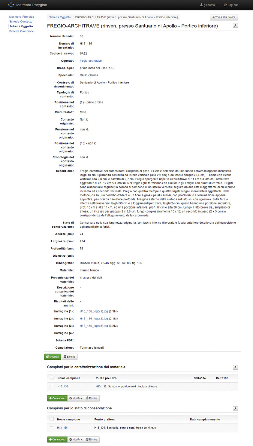 Fig. 6 – Un esempio di Scheda Oggetto: in basso i collegamenti verso la Scheda Campione-Caratterizzazione del materiale e la Scheda Campione-Stato di conservazione.