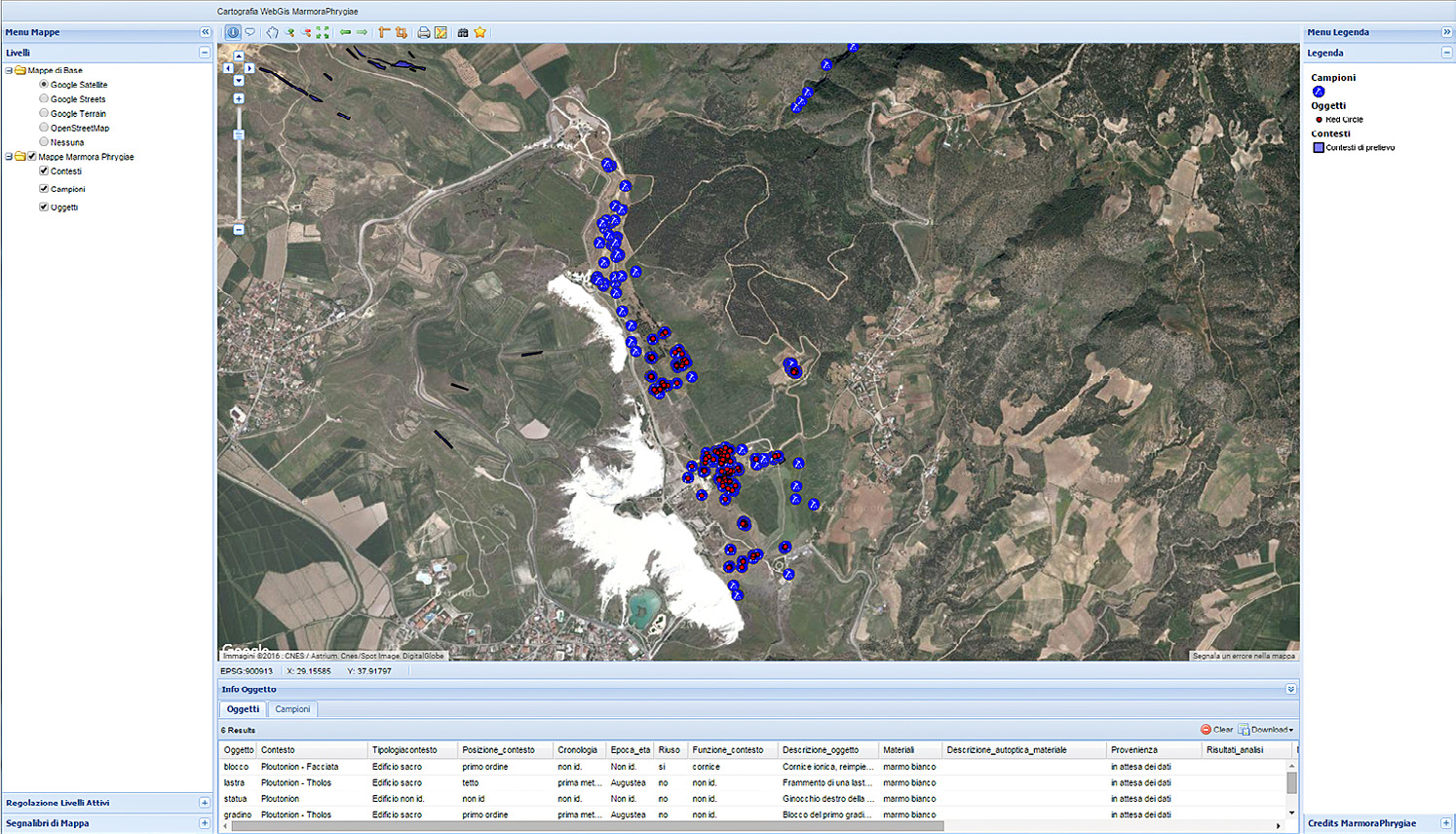 Fig. 10 – Una vista del webGIS (Heron) della piattaforma “Marmora Phrygiae”: sulla sinistra i diversi layer del sistema, al centro la finestra di navigazione e, in basso, i risultati di una query relativa a “oggetti” e “campioni”.