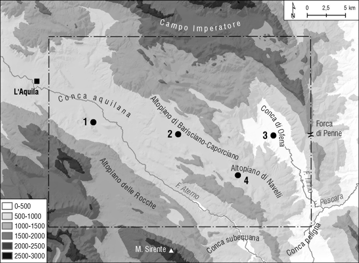 Fig. 1 – Il comparto aquilano orientale. 1) Aveia; 2) Peltuinum; 3) Aufinum; 4) Navelli (elab. S.L. Ferreri).