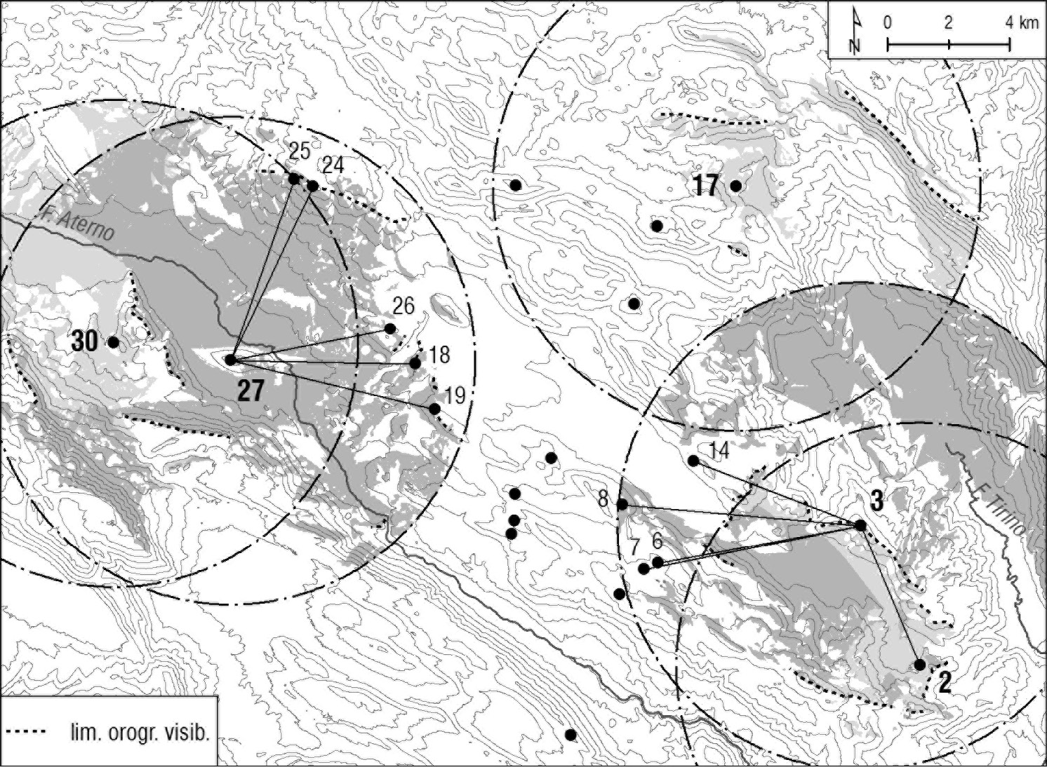 Fig. 2 – Esempi di analisi del campo visivo e dell’intervisibilità e determinazione di limiti orografici della visibilità reciproca tra siti nominati nel testo. La numerazione segue quella proposta in Mattiocco 2014: 2) Colle Santa Rosa II; 3) Serra di Navelli; 17) Colle della Battaglia; 27) Monte di Cerro; 30) Santa Maria/San Felice d’Ocre (elab. S.L. Ferreri).