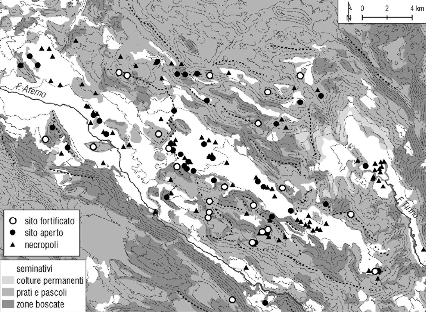 Fig. 5 – Carta di sintesi delle evidenze insediative e funerarie del periodo preromano, in sovrapposizione all’uso del suolo attuale (elab. S.L. Ferreri).