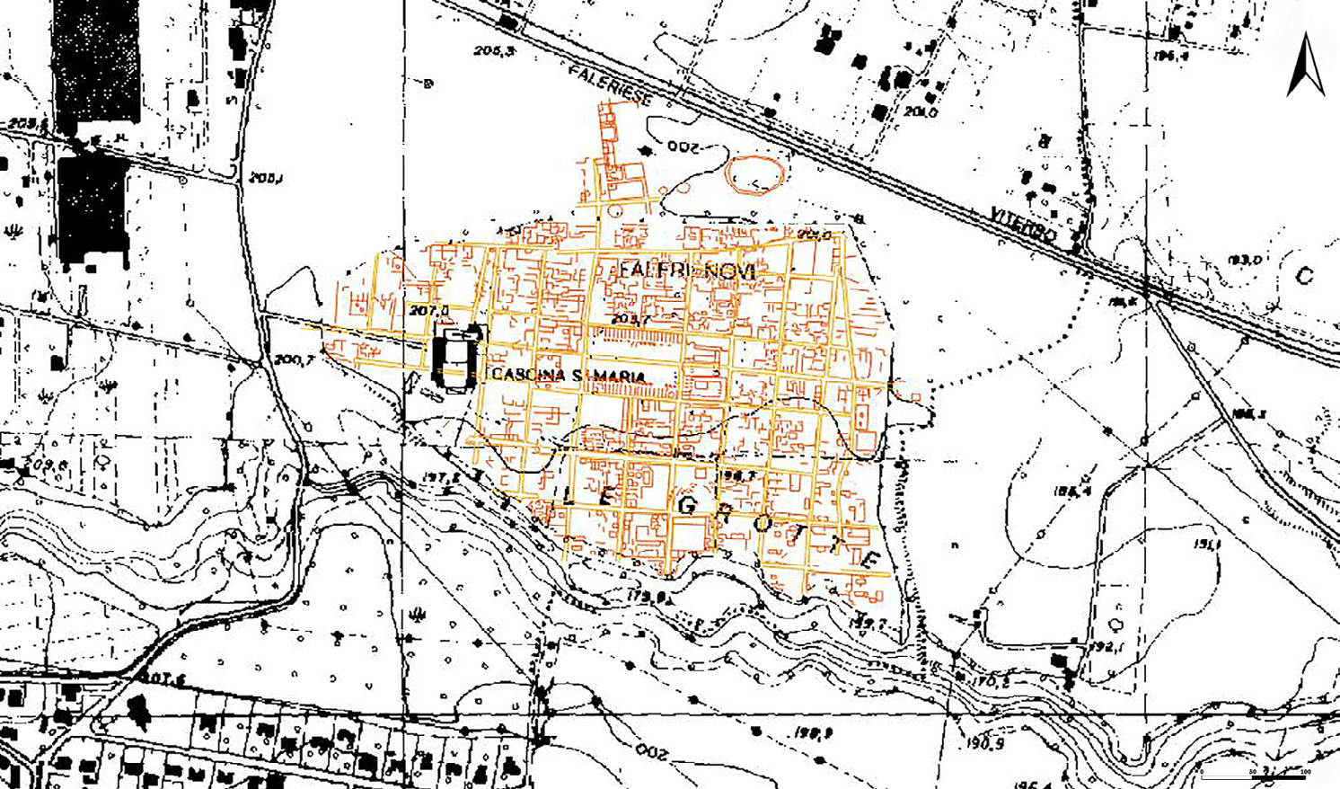 Fig. 3 – Ricostruzione dell’area archeologica urbana ed extraurbana settentrionale di Falerii Novi, integrando i risultati dell’aerofotointerpretazione e delle prospezioni geofisiche, condotte tra il 1997 e il 2010 (elaborazione in ambiente QGIS 2.16 Brighton).