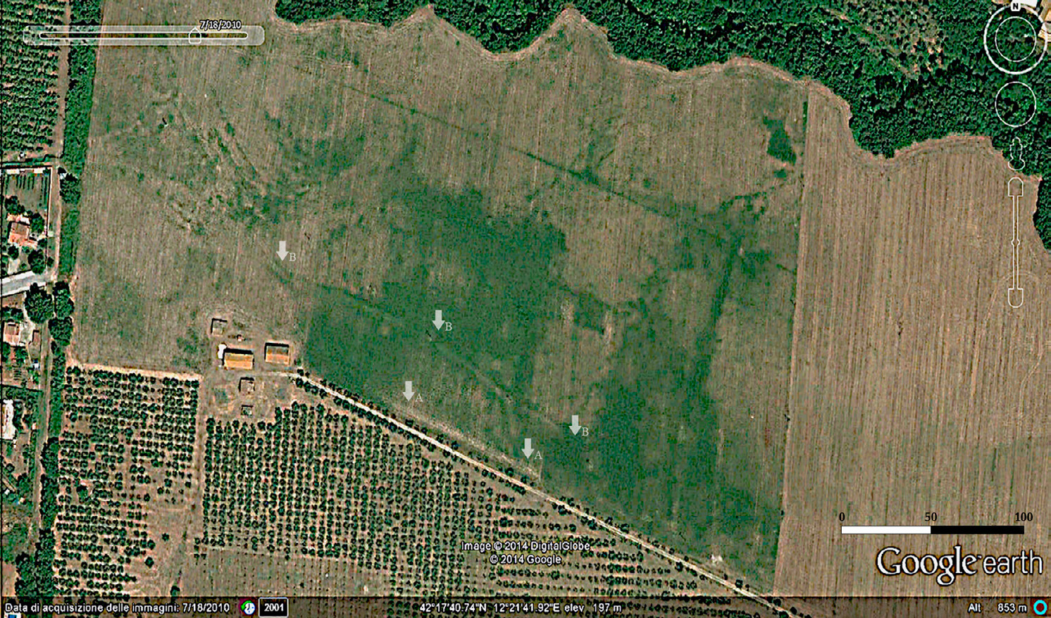 Fig. 4 – L’area extraurbana meridionale extra moenia in un’immagine satellitare del 2010; le frecce indicano le possibili tracce di due assi stradali (Google Earth).