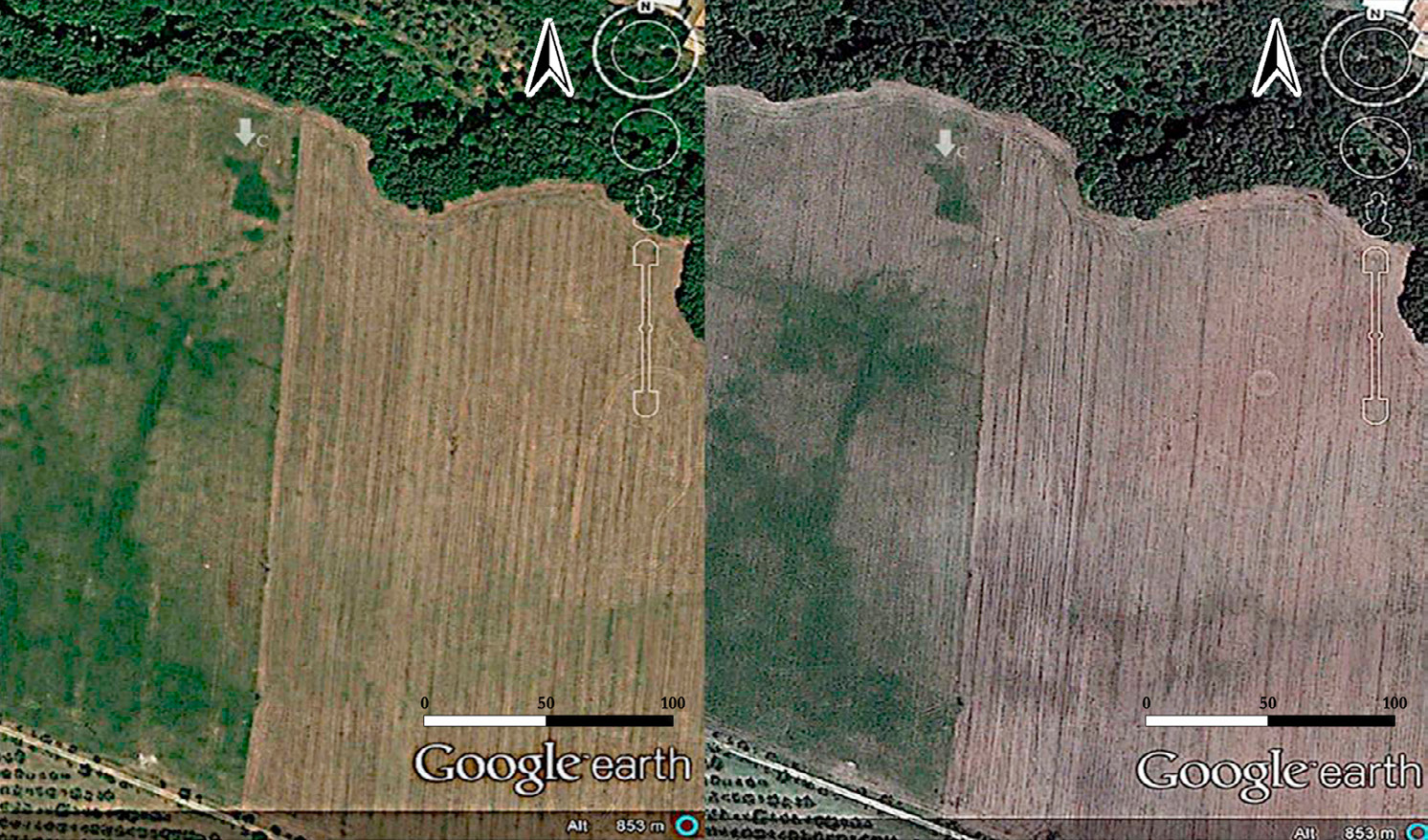 Fig. 6 – Immagini satellitari 2010 e 2011 a confronto. La freccia indica la struttura a L, evidenziata dalla forte differenza cromatica dovuta a una maggiore crescita vegetativa (Google Earth).