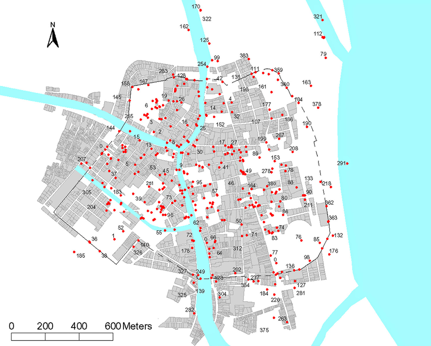 Fig. 2 – Carta di distribuzione degli elementi archeologici di Ravenna.