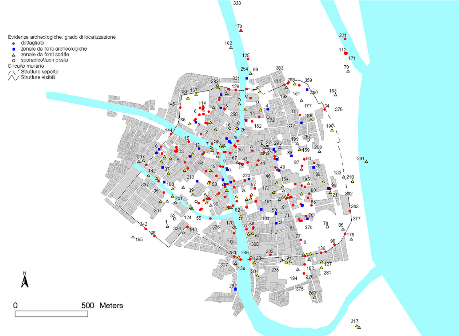 Fig. 3 – Carta di distribuzione degli elementi archeologici in base alla categoria di localizzazione.