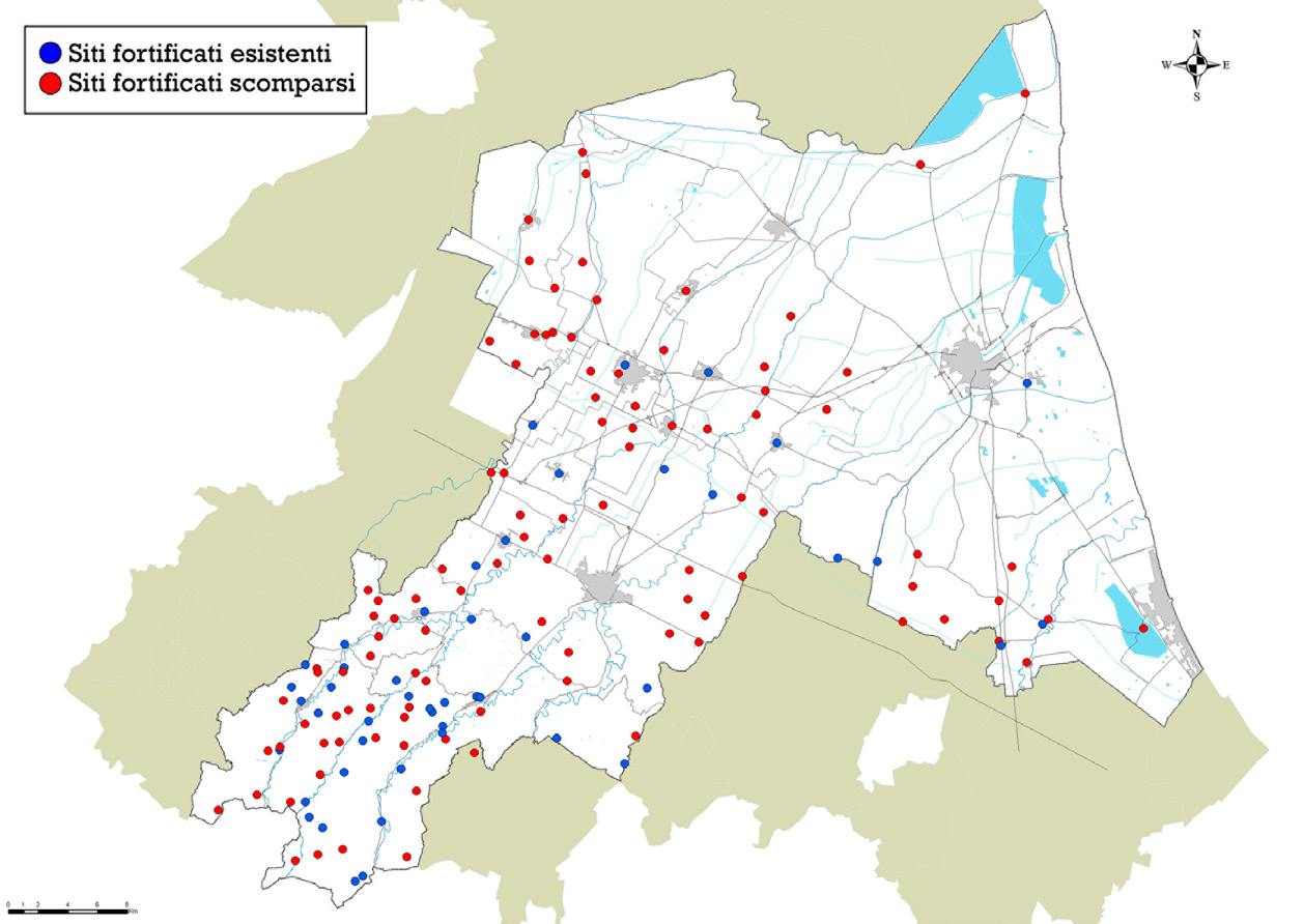 Fig. 9 – Carta di distribuzione degli insediamenti fortificati della Provincia di Ravenna nel Medioevo.