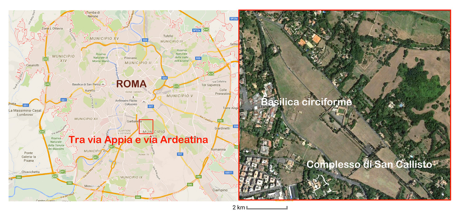 Fig. 1 – Localizzazione dell’area del complesso callistiano tra la via Appia e la via Ardeatina nella topografia di Roma.