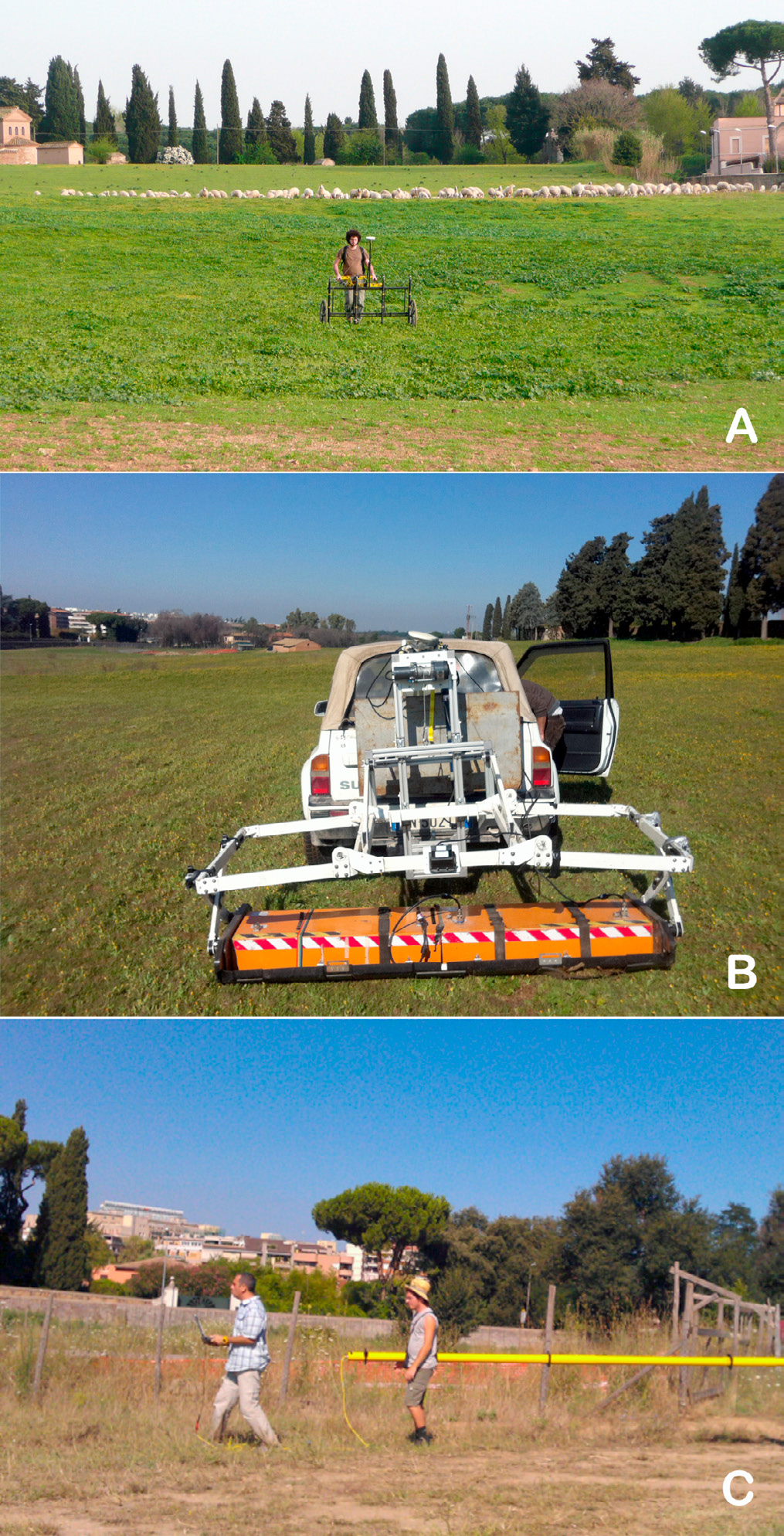 Fig. 2 – Fasi di acquisizione rispettivamente dall’alto di magnetometria (A), GPR (B), elettromagnetismo (C).