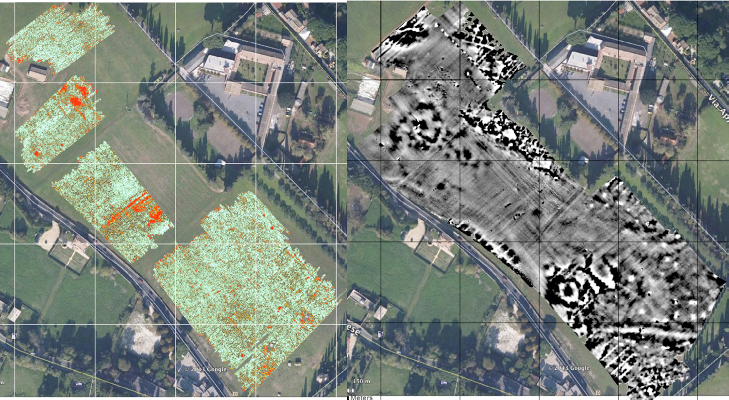 Fig. 3 – Mappa GPR (slice tra 100 e 150 cm) e mappa magnetica nell’area compresa fra la basilica circiforme e il complesso callistiano.