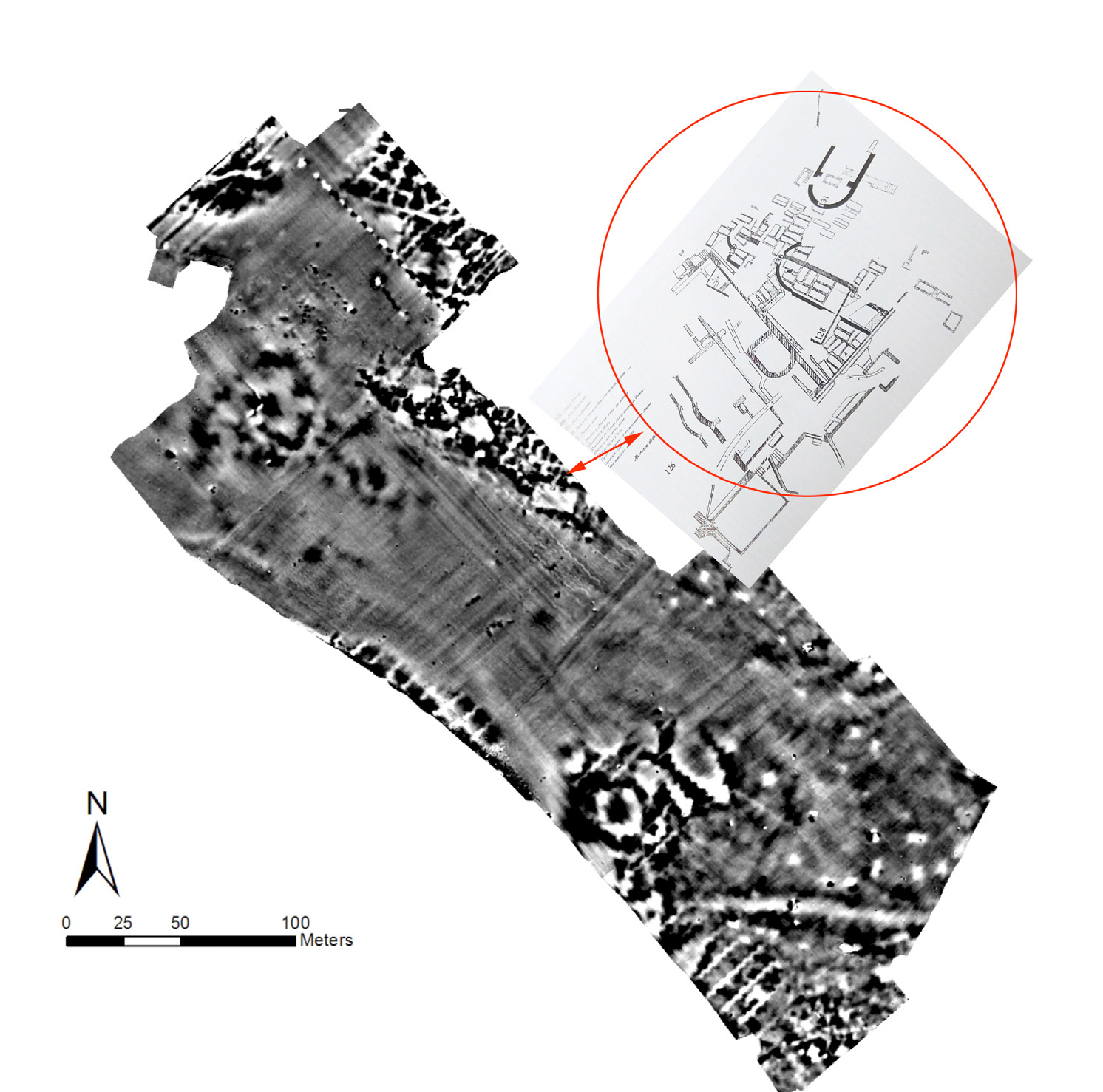 Fig. 5 – Magnetogramma con evidenziata l’area nella quale si rileva sovrapposizione con le strutture portate in luce dagli scavi novecenteschi dell’area sopratterra della catacomba di Marco e Marcelliano (Spera 1999, 88).