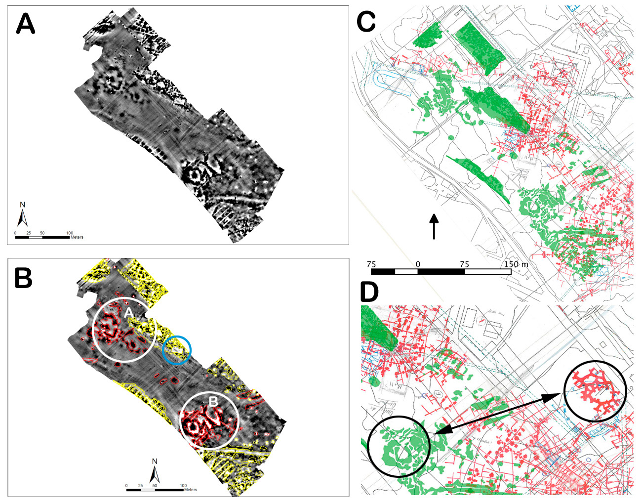 Fig. 6 – A) mappa magnetica; B) mappa magnetica con le interpretazioni dei gruppi principali di anomalie; C) sovrapposizione tra le interpretazioni delle anomalie magnetiche (in verde) e la mappa delle evidenze archeologiche note; D) indicazione delle anomalie magnetiche identificabili come possibili cunicoli di cave e mappa delle cave note.