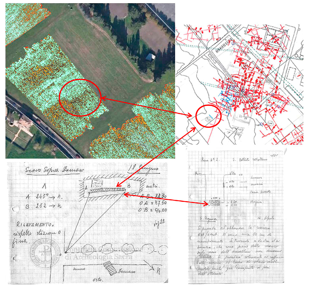 Fig. 11 – Confronto fra i risultati radar tra 150 e 250 cm e i saggi di scavo 1970-1971 (Archivio PIAC).