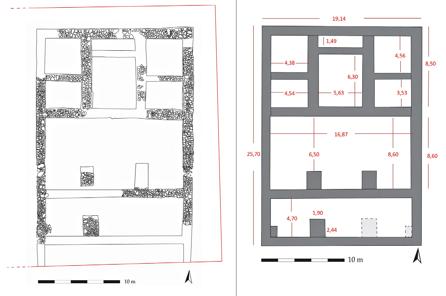 Fig. 2 – Pianta di scavo del tempio rinvenuto nella Regio I, ins. 4 con indicati i limiti di scavo e planimetria schematica dell’edificio (misure espresse in metri).