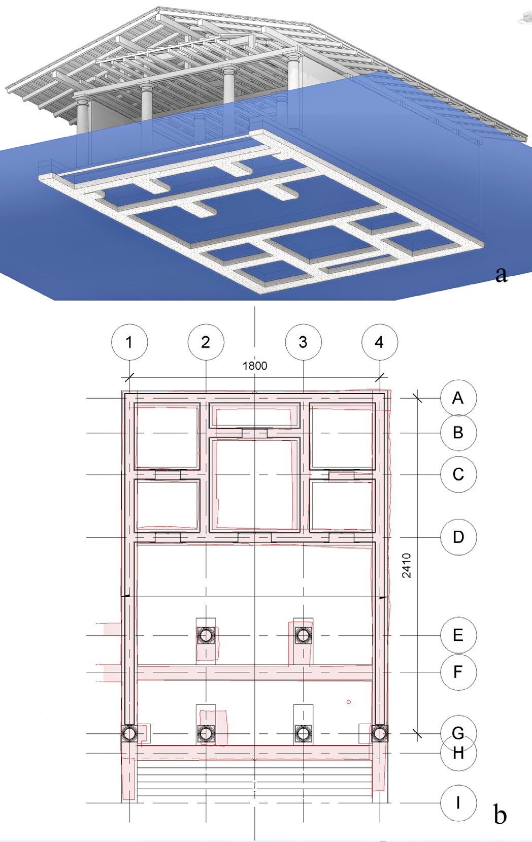 Fig. 3 – Disposizione planimetrica del modello BIM, con in evidenza la resa tridimensionale della struttura di fondazione (a) e il profilo delle fondazioni rinvenute (b).