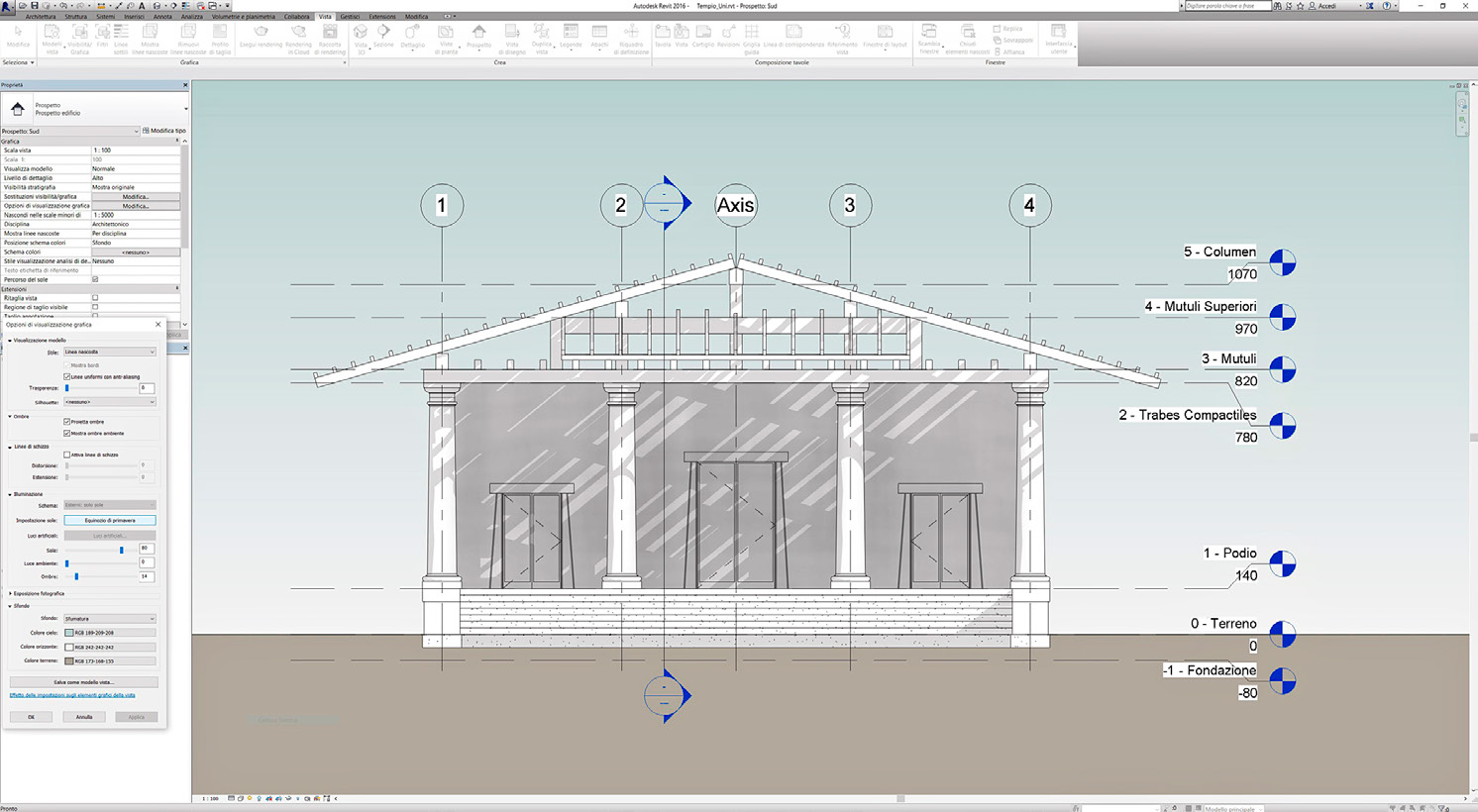 Fig. 5 – Schema generale dell’alzato del tempio di Uni, generato a partire da componenti architettonici parametrici e realizzato mediante il software Autodesk Revit 2016.