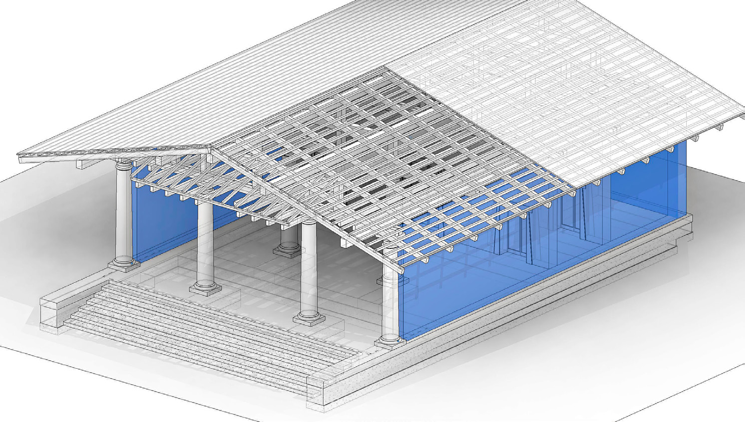 Fig. 7 – Il modello BIM complessivo del tempio di Uni, comprensivo del sistema di copertura nelle sue diverse componenti lignee.