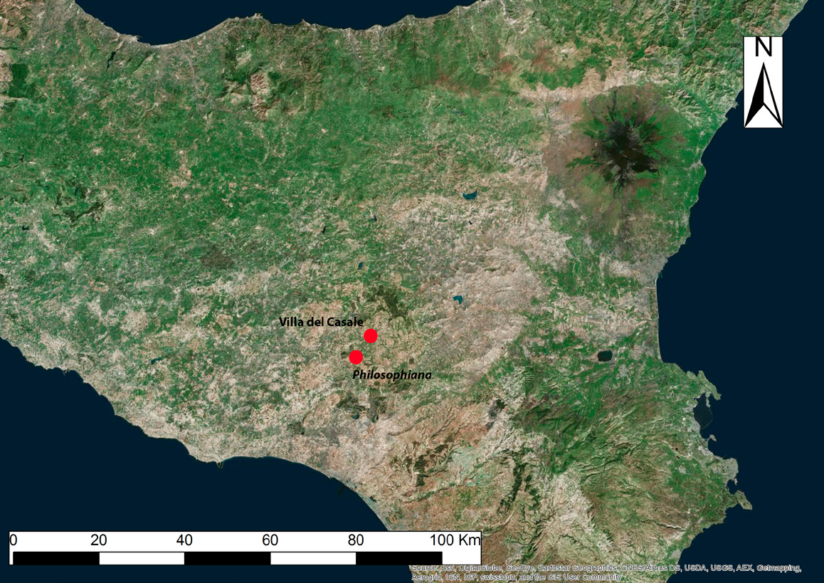 Fig. 1 – I siti di Philosophiana e della Villa del Casale (fonte: Esri, i-cubed, USDA, USGS, AEX, GeoEye, Getmapping, AeroGRID, IGN, IGP, UPR-EGP, and the GIS Community, modificata da M. Sfacteria).