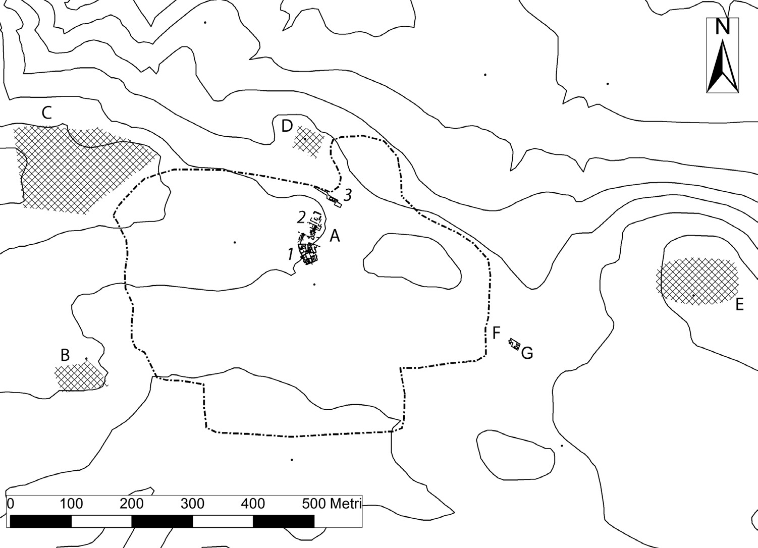 Fig. 2 – Carta archeologica di Sofiana. A: il sito di Sofiana; 1: le terme, 2: la domus, 3: il muro pomeriale. B: necropoli annessa alla basilica tardoantica. C: necropoli ovest. D: necropoli nord. E: necropoli est. F: estensione massima dell’abitato nel IV sec. d.C. G: impianto produttivo altomedievale.