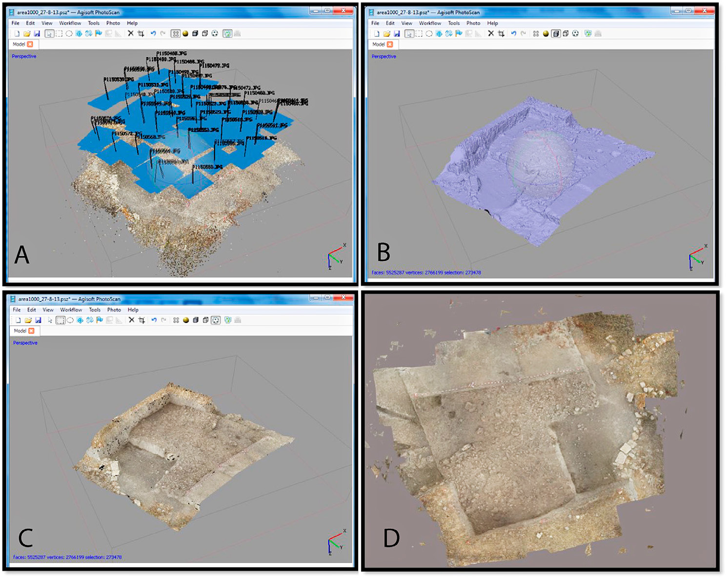 Fig. 4 – Le fasi dell’elaborazione. A: nuvola dei punti omologhi individuati. In blu la stima delle posizioni delle prese; B: modello poligonale; C: applicazione della texture; D: ortofoto (software Agisoft Photoscan v. 0.9.0).