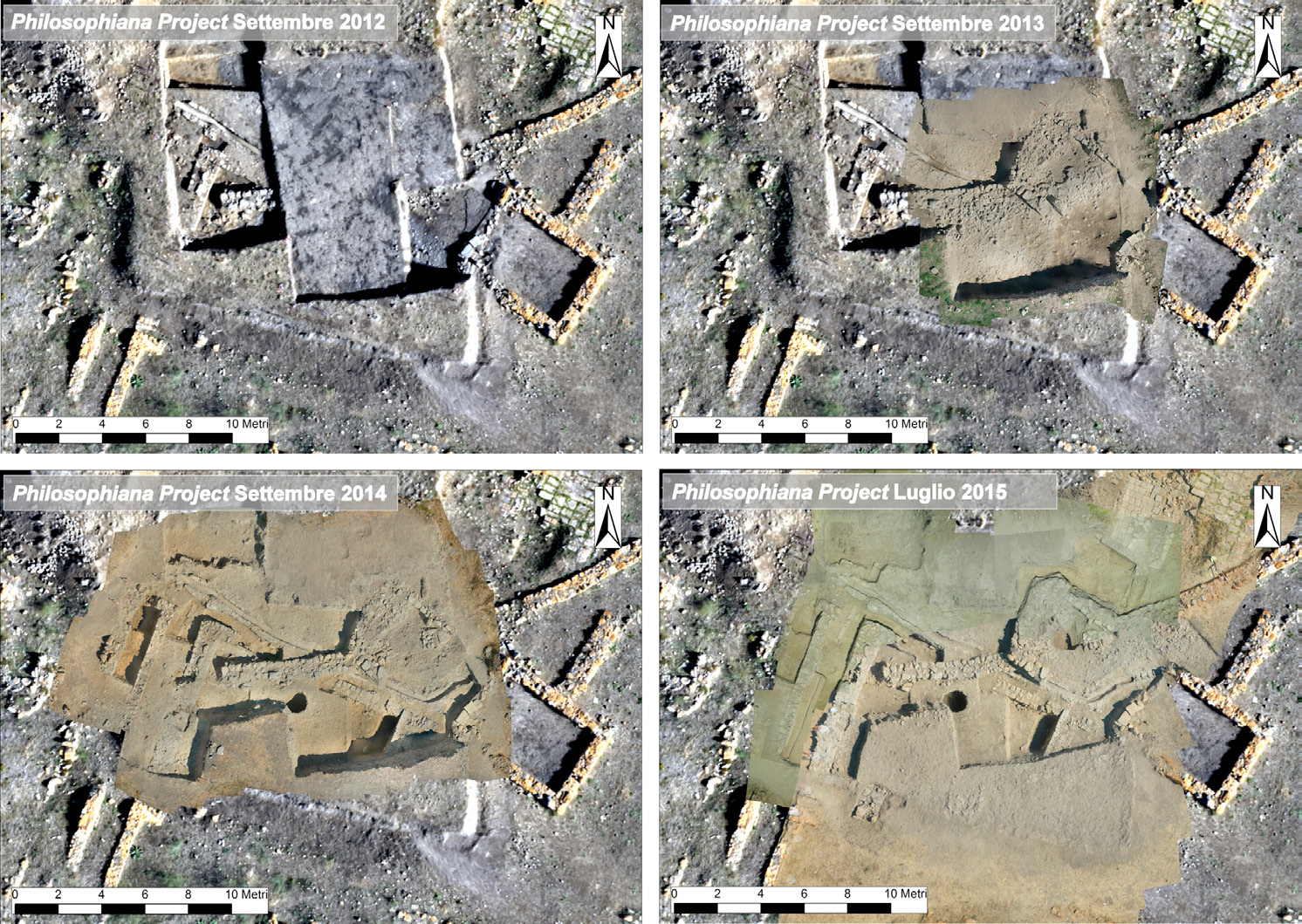 Fig. 6 – Il Philosophiana Project dal 2012 al 2015 attraverso le ortofoto dell’area di scavo (ortofoto del 2012 elaborata da foto di P. Nannini acquisite da kite).