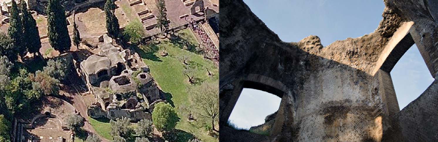 Fig. 1 – Ripresa aerea delle Piccole Terme e vista della cupola della Sala Ottagonale dall’interno (foto autori, 2013).