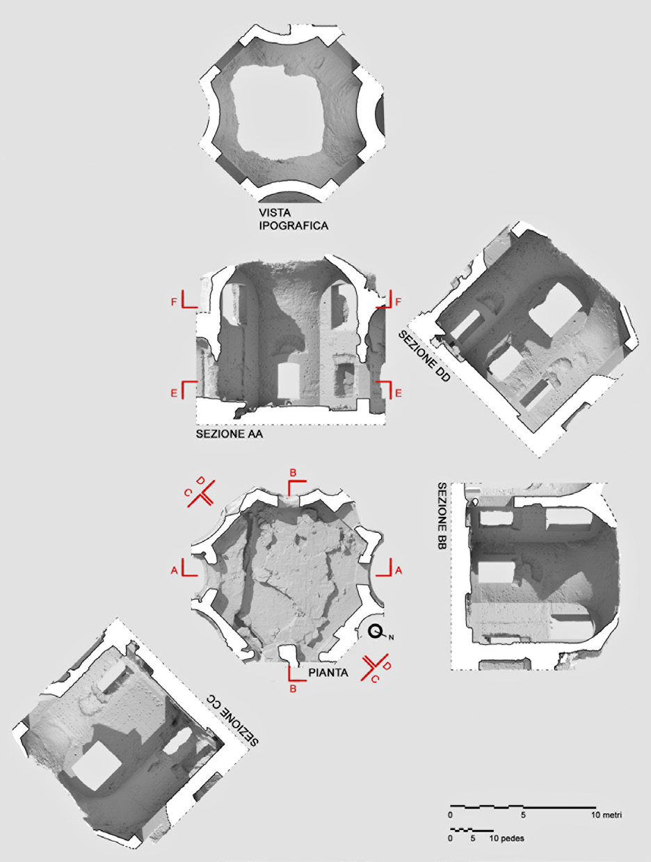 Fig. 2 – Modello digitale 3D ad alto dettaglio della Sala Ottagonale e viste principali (rilievo e modello: L. Cipriani, F. Fantini, S. Bertacchi, campagne di rilievo 2014-2015). Le sezioni AA e BB tagliano l’ambiente in corrispondenza della mezzeria dei quattro lati curvi, mentre CC e DD tagliano i lati rettilinei.