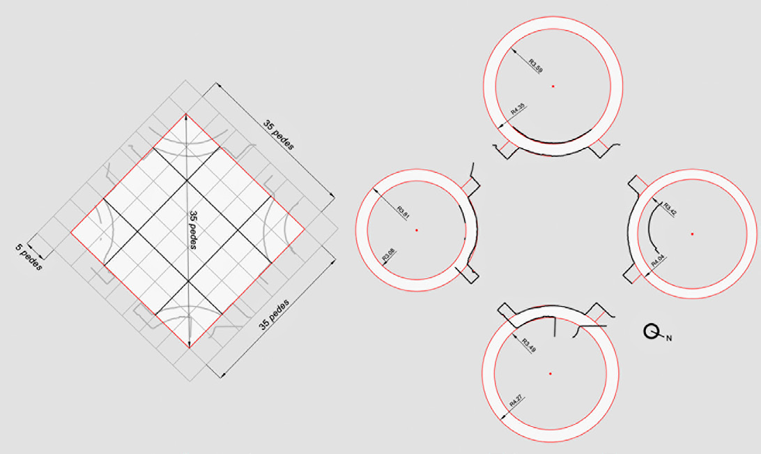 Fig. 3 – Ipotesi sul tracciamento planimetrico della Sala Ottagonale con relativa griglia modulare e raggi di curvatura.