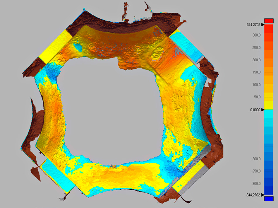 Fig. 6 – Mappa cromatica con deviazioni in positivo (tonalità calde) e in negativo (tonalità fredde) rispetto al modello idealizzato di ricostruzione.