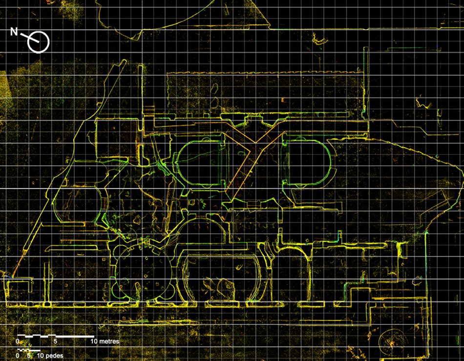 Fig. 8 – Planimetria delle Piccole Terme da rilievo laser scanner terrestre (2015): con retino rosso la proiezione delle volte esistenti (elaborazione: G. Bertacchi).