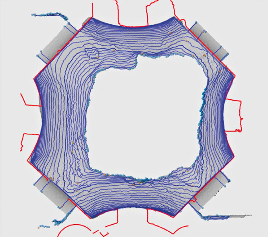 Fig. 9 – Vista ipografica della cupola; l’andamento diverso delle curve di livello nella parte superiore dell’immagine è dovuto a modifiche della superficie a seguito di interventi di restauro.