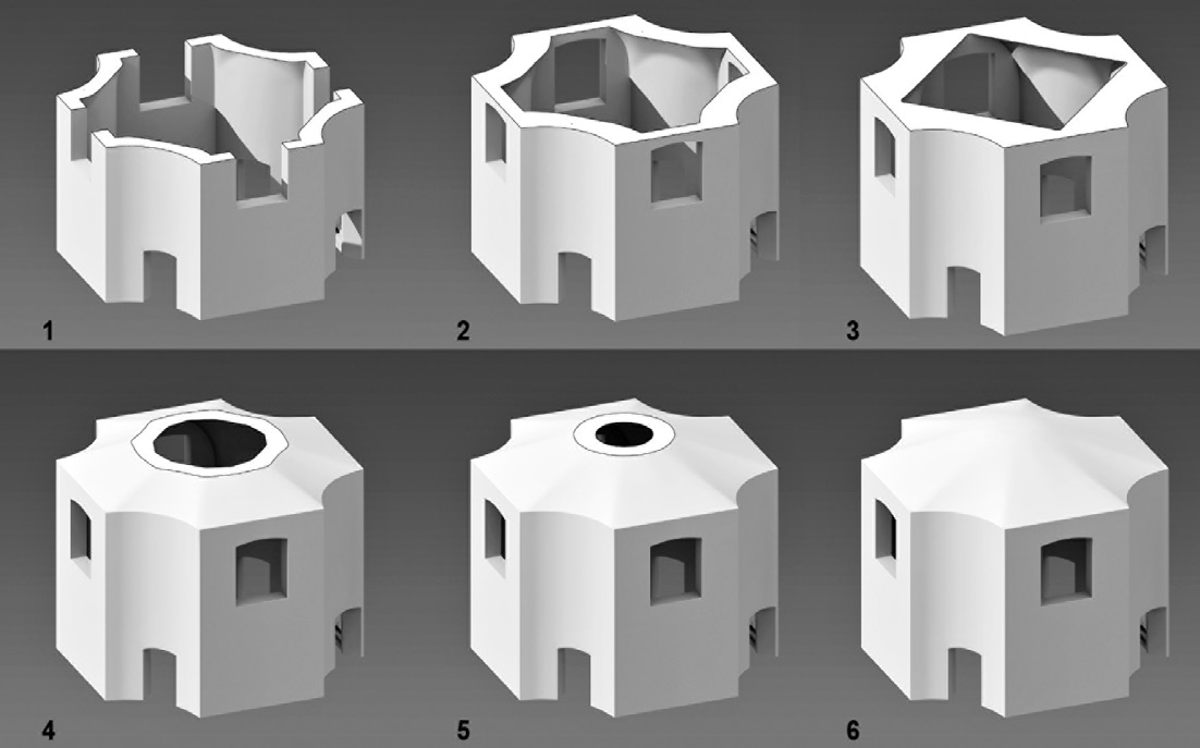 Fig. 10 – Spaccato assonometrico con la sequenza di sezioni orizzontali della cupola a differenti altezze.