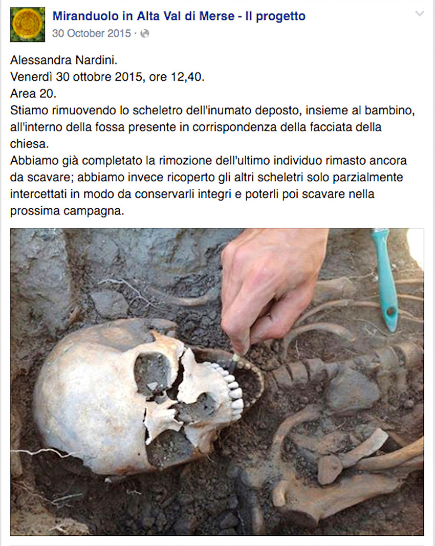 Fig. 2 – Post Facebook esemplificativo delle attività di live excavation condotte a Miranduolo (Chiusdino, SI) dal team dell’Università di Siena coordinato da Marco Valenti.