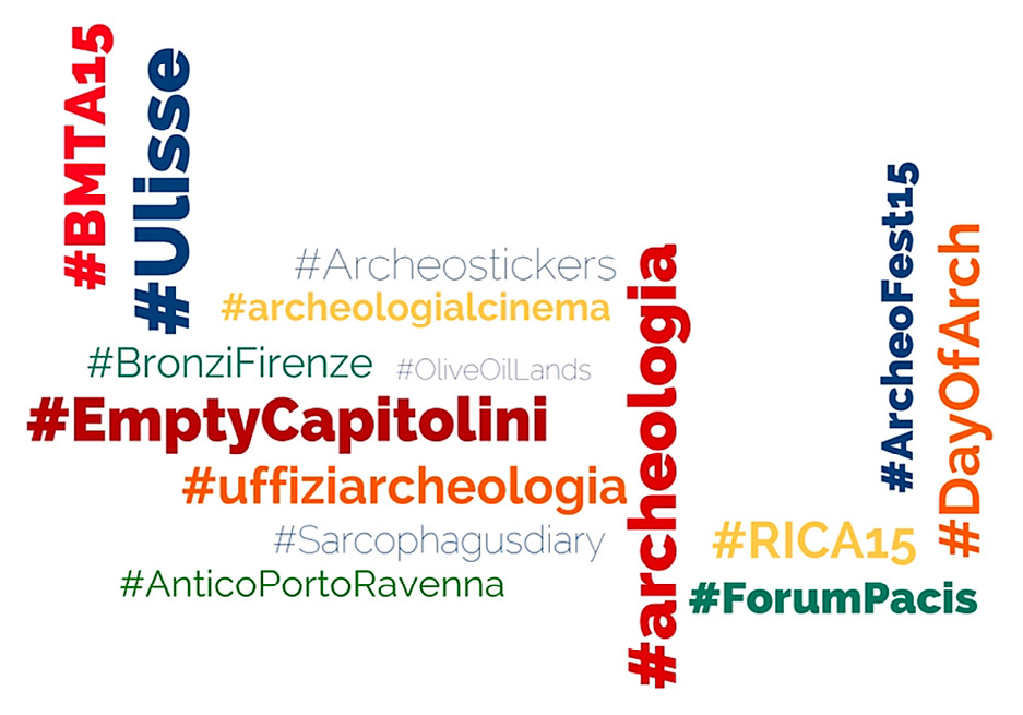 Fig. 4 – La principale funzione degli hashtag è quella di permettere ricerche attraverso parole chiave. Nell’immagine alcuni hashtag relativi ad eventi archeologici rilevanti del 2015.