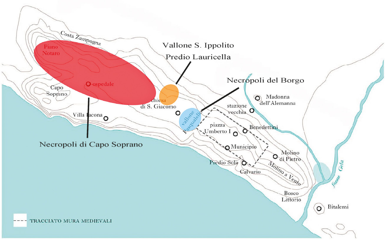 Fig. 1 – Carta di Gela con indicazione delle principali aree necropolari (rielaborazione da Ferrari, Caldarola 2012, 295).