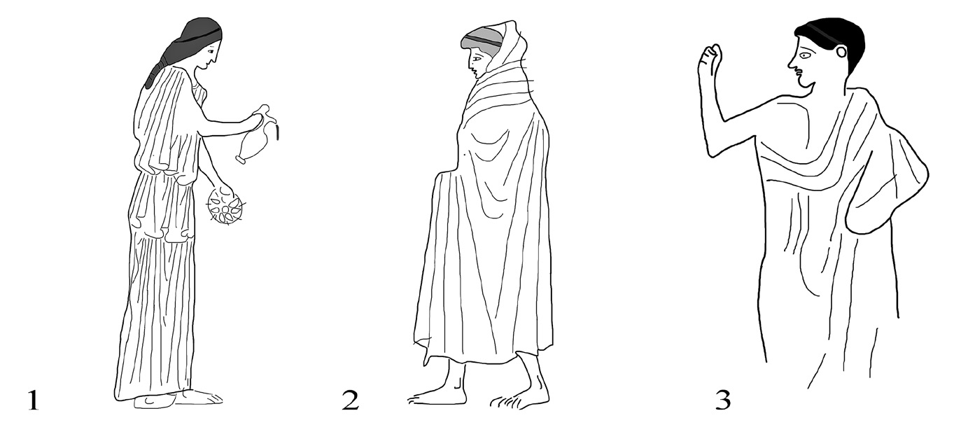 Fig. 9 – Ethiop Painter: 1) figura femminile panneggiata (Beazley 1963, 666.13); 2) efebo (Beazley 1963, 665.8); 3) efebo (Beazley 1963, 666.16).