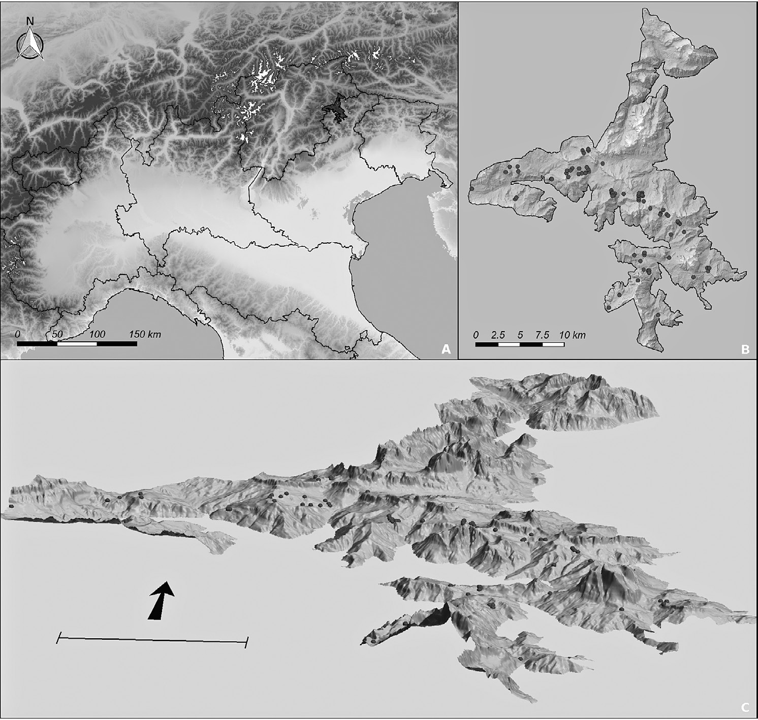 Fig. 2 – Location of the project area within the Venetian Dolomites (South-Eastern Italian Alps). Inset (b) location of the analysed sites within the study area and (c) visualisation of their altitudinal distribution.