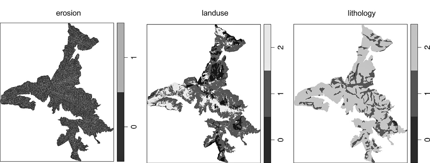 Fig. 4 – Maps of the territorial parameters used as proxies for investigating research biases (Model 1).