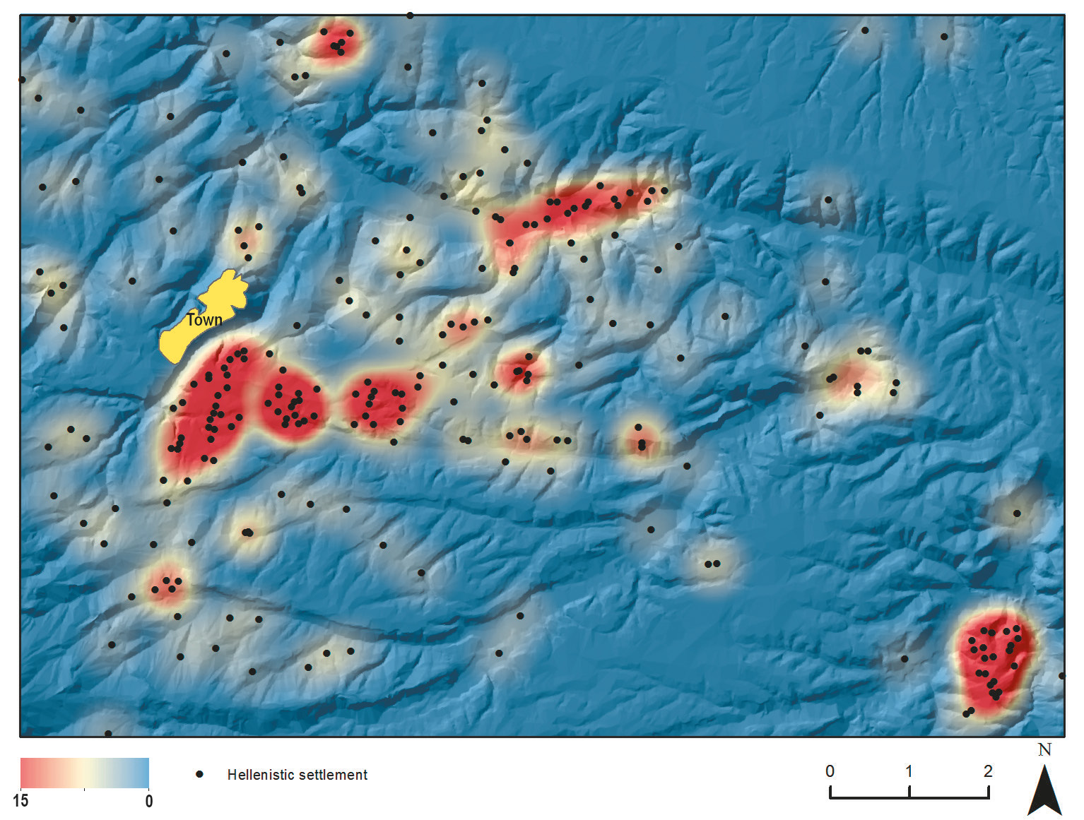 Fig. 2 – Kernel density surface calculated for the Hellenistic settlements. The legend indicates the number of estimated sites in a circle of one square km from each cell (resolution 10×10 m). The raster base map is the shaded relief calculated from the 10 m-resolution DEM named TINITALY/01 (Tarquini et al. 2007, 2012; Tarquini, Nannipieri 2017). Figure by the author.