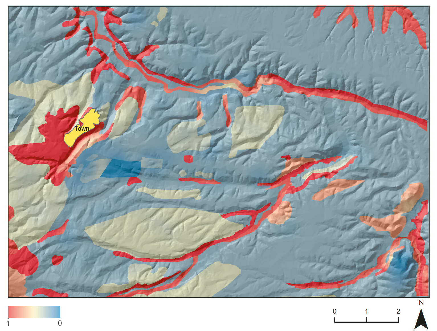 Fig. 3 – Trend surface created for missing site allocation. The legend indicates the probability for the allocation of missing sites and ranges from a minimum of 0 to a maximum of 1. The raster base map is the shaded relief calculated from the 10 m-resolution DEM named TINITALY/01 (Tarquini et al. 2007, 2012; Tarquini, Nannipieri 2017). Figure by the author.