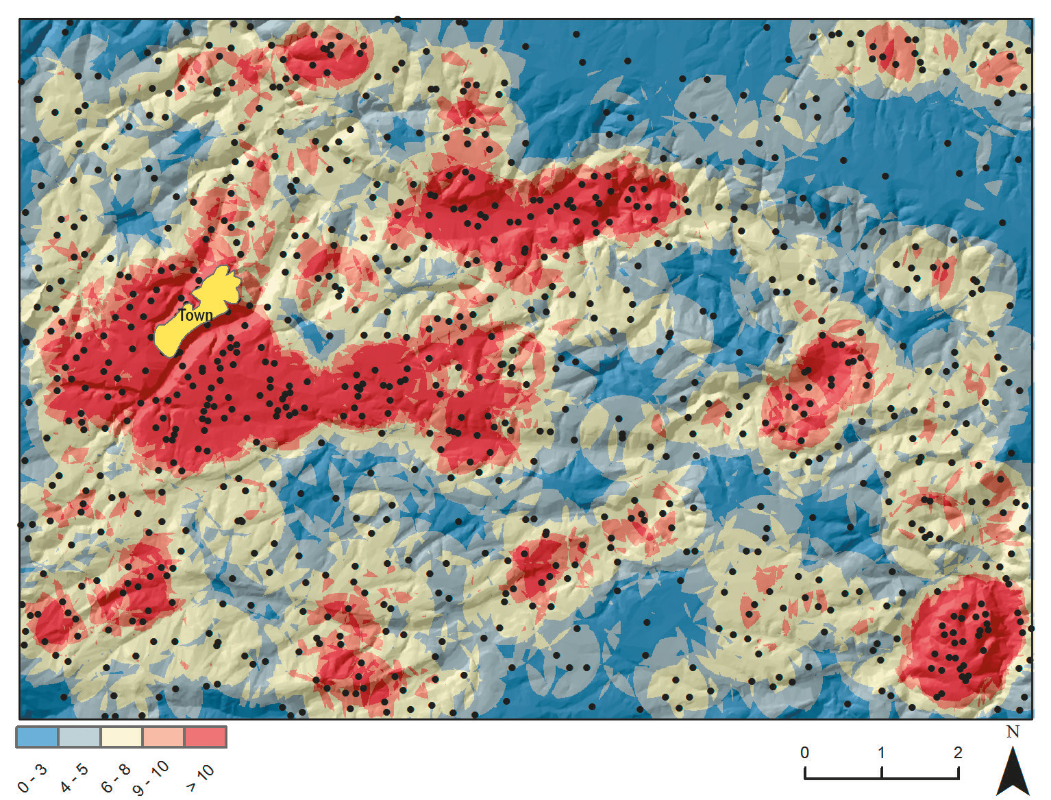 Fig. 5 – Point-density analysis of the “complete” early colonial distribution (262 recorded sites plus 600 missing sites, therefore 862 sites in total). The legend indicates the number of sites located in a circle of one square km from each cell (resolution 10×10 m). The raster base map is the shaded relief calculated from the 10 m-resolution DEM named TINITALY/01 (Tarquini et al. 2007, 2012; Tarquini, Nannipieri 2017). Figure by the author.