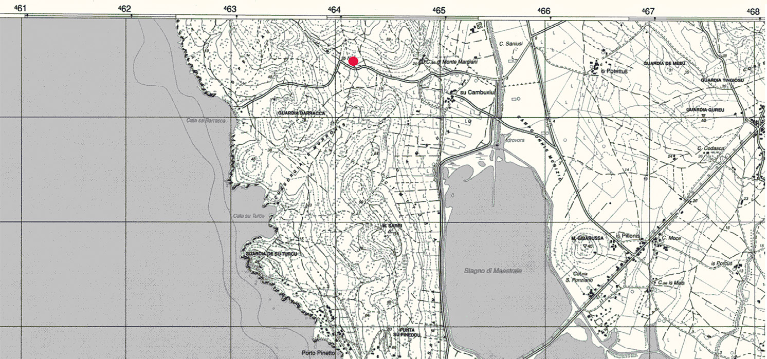 Fig. 1 – Il menhir Sa Perda Fitta posizionato su carta IGM foglio n°572 Sez. I – Porto Pino, scala 1:25.000.